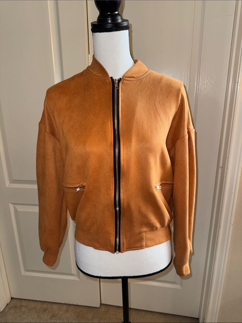 Camel Faux Suede Bomber Jacket - Size M